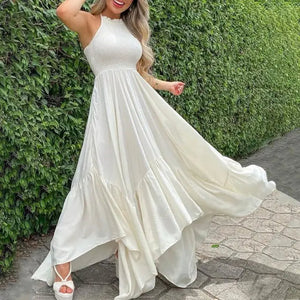 Plain Sleeveless Ruched Maxi Dress - White / L