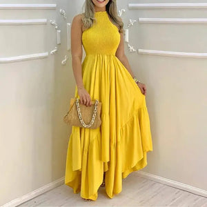 Plain Sleeveless Ruched Maxi Dress - Yellow / L