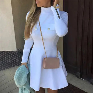 Plain Zipper Pocket Design Long Sleeve Dress - White / M