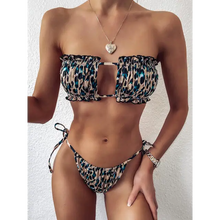 Load image into Gallery viewer, Pleated Bandeau Mini Thong Bikini Set - Brown Print / S