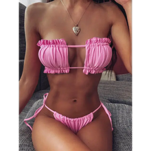 Load image into Gallery viewer, Pleated Bandeau Mini Thong Bikini Set - Light Pink / S