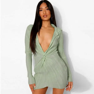 Pleated Polo Collar Blouse Dress