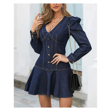 Load image into Gallery viewer, Plunge Contrast Piping Puff Sleeve Dress