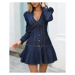 Plunge Contrast Piping Puff Sleeve Dress