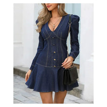 Load image into Gallery viewer, Plunge Contrast Piping Puff Sleeve Dress