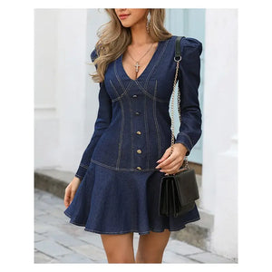 Plunge Contrast Piping Puff Sleeve Dress