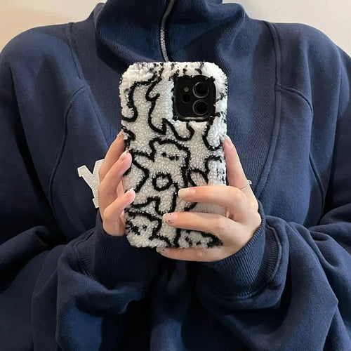 Plush Blue Black Line Bear Soft Case For IPhone