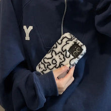 Load image into Gallery viewer, Plush Blue Black Line Bear Soft Case For IPhone