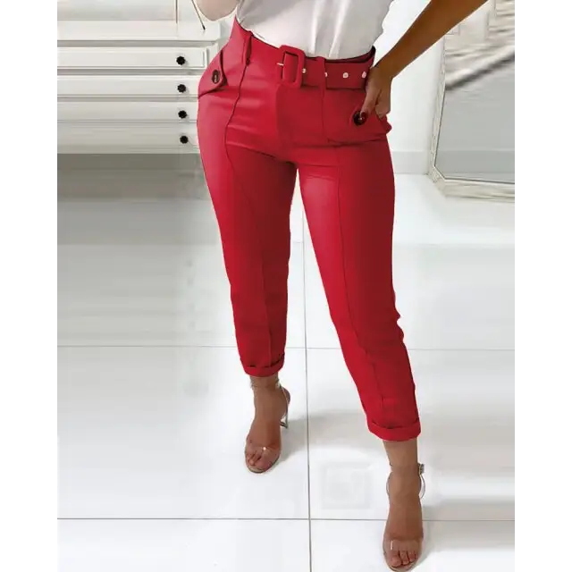 Pocket Design Belted High Waist Casual Pants - Red / S