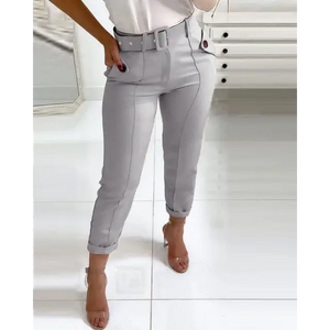 Pocket Design Belted High Waist Casual Pants - GRAY / XL