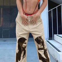 Load image into Gallery viewer, Portrait Print Apricot High Waist Corduroy Pants