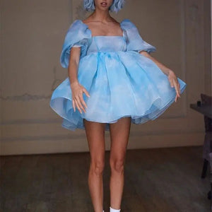 Puff Sleeve Tulle Tutu Princess Dress - L / Blue