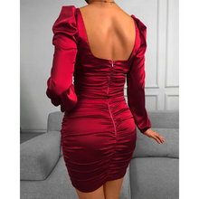 Load image into Gallery viewer, Puffed Sleeve Ruched Backless Bodycon Dress