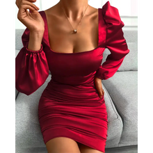 Load image into Gallery viewer, Puffed Sleeve Ruched Backless Bodycon Dress - Red / S