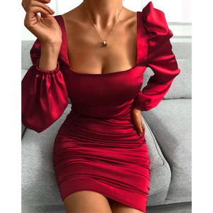 Puffed Sleeve Ruched Backless Bodycon Dress - Red / S