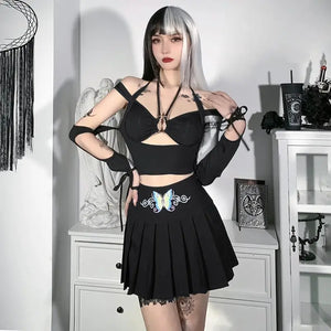 Punk Butterfly Embroidery High Waist Black Skirt
