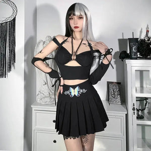 Punk Butterfly Embroidery High Waist Black Skirt - L