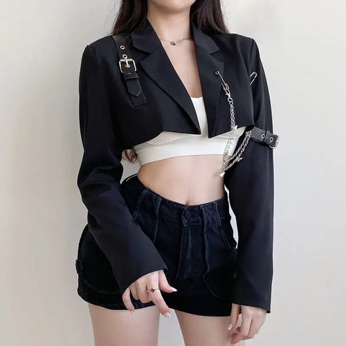 Punk Chain Black Buckle Cardigan Cropped Jackets