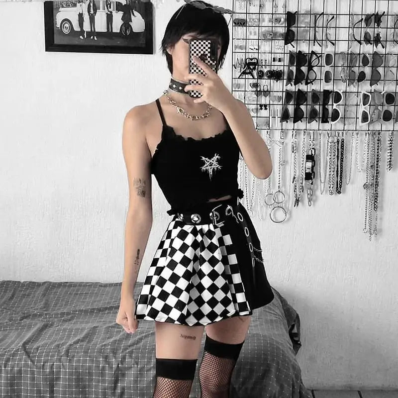 Punk E-Girl Plaid A Line Mini Skirt - Black / S