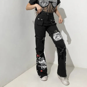 Punk Skull Print High Waist Grunge Cargo Pants