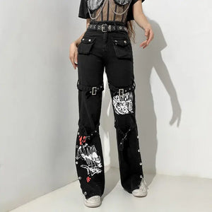Punk Skull Print High Waist Grunge Cargo Pants