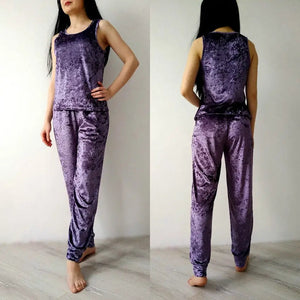 Purple Velvet Sleeveless Tank Top And Pants Set