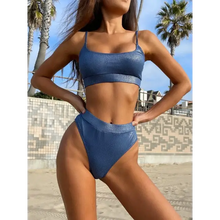 Load image into Gallery viewer, Push Up Low Cut High Waist Halter Bathing Suit Set - Blue /