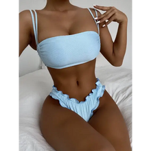 Load image into Gallery viewer, Push Up Low Cut High Waist Halter Bathing Suit Set - Blue 2