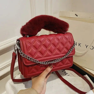 Quilted PU Leather Crossbody Bags with Faux Fur Handle - Red