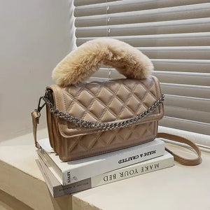 Quilted PU Leather Crossbody Bags with Faux Fur Handle -