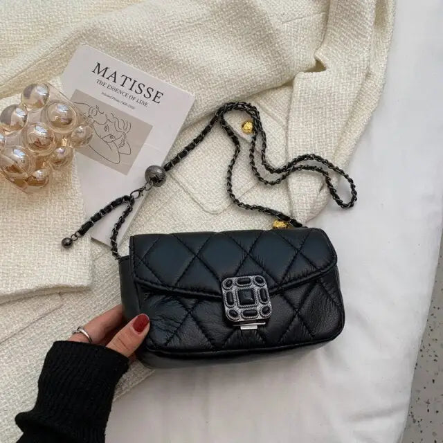 Quilted PU Leather Crossbody Luxury Handbag - black