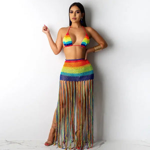 Rainbow Knitted Backless Halter Swimsuit