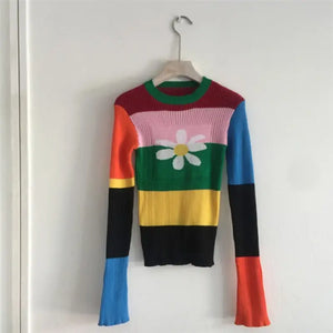 Rainbow Stripe Knitted Turtleneck Pullovers Sweatshirt