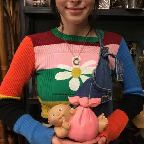 Rainbow Stripe Knitted Turtleneck Pullovers Sweatshirt