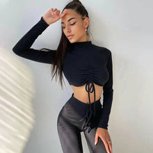 Load image into Gallery viewer, Ribbed Lace Up Drawstring Long Sleeve Crop Top &amp; Leggings