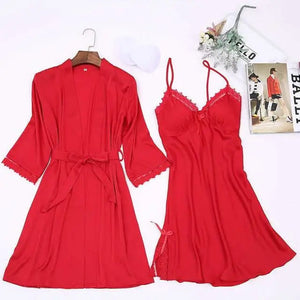 2PC Robe Kimono Pajamas Set - Red - XXL