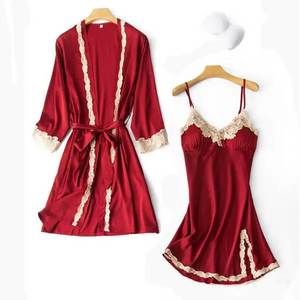 2PC Robe Kimono Pajamas Set - Burgundy - F / XXL