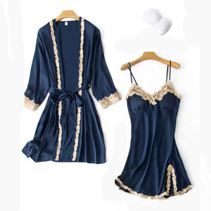 2PC Robe Kimono Pajamas Set - Navy Blue - F / XXL