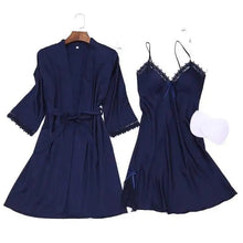 Load image into Gallery viewer, 2PC Robe Kimono Pajamas Set - navy blue - XL