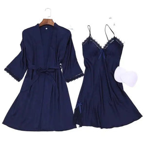 2PC Robe Kimono Pajamas Set - navy blue - XL