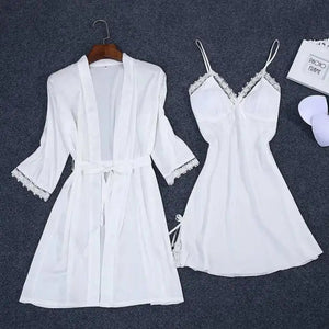 2PC Robe Kimono Pajamas Set - White - XXL