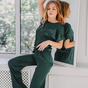 Round Neck Short Sleeve Top & Solid Loose Satin Pants Set