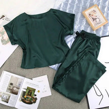 Load image into Gallery viewer, Round Neck Short Sleeve Top &amp; Solid Loose Satin Pants Set