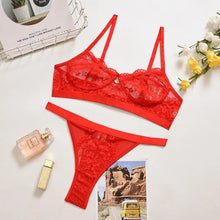 Load image into Gallery viewer, Ruffle Lace Wireless Bra &amp; Panty Lingerie Set - red / S