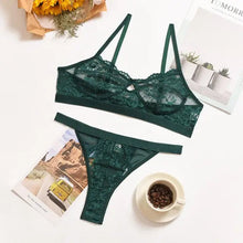 Load image into Gallery viewer, Ruffle Lace Wireless Bra &amp; Panty Lingerie Set - dark green /