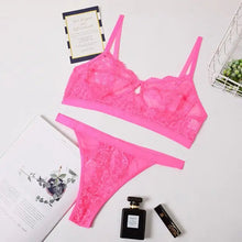 Load image into Gallery viewer, Ruffle Lace Wireless Bra &amp; Panty Lingerie Set - neon pink /