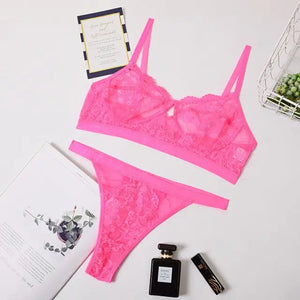 Ruffle Lace Wireless Bra & Panty Lingerie Set - neon pink /