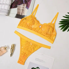 Load image into Gallery viewer, Ruffle Lace Wireless Bra &amp; Panty Lingerie Set - Yellow / L