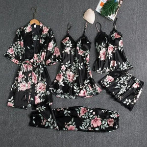 5PC Satin Nightwear Pajama Set - 5PCS Black - C / XXL