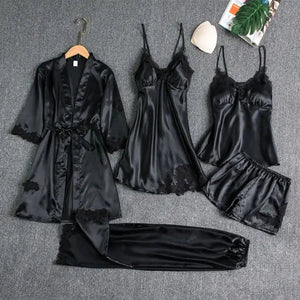 5PC Satin Nightwear Pajama Set - 5PCS Black - A / M